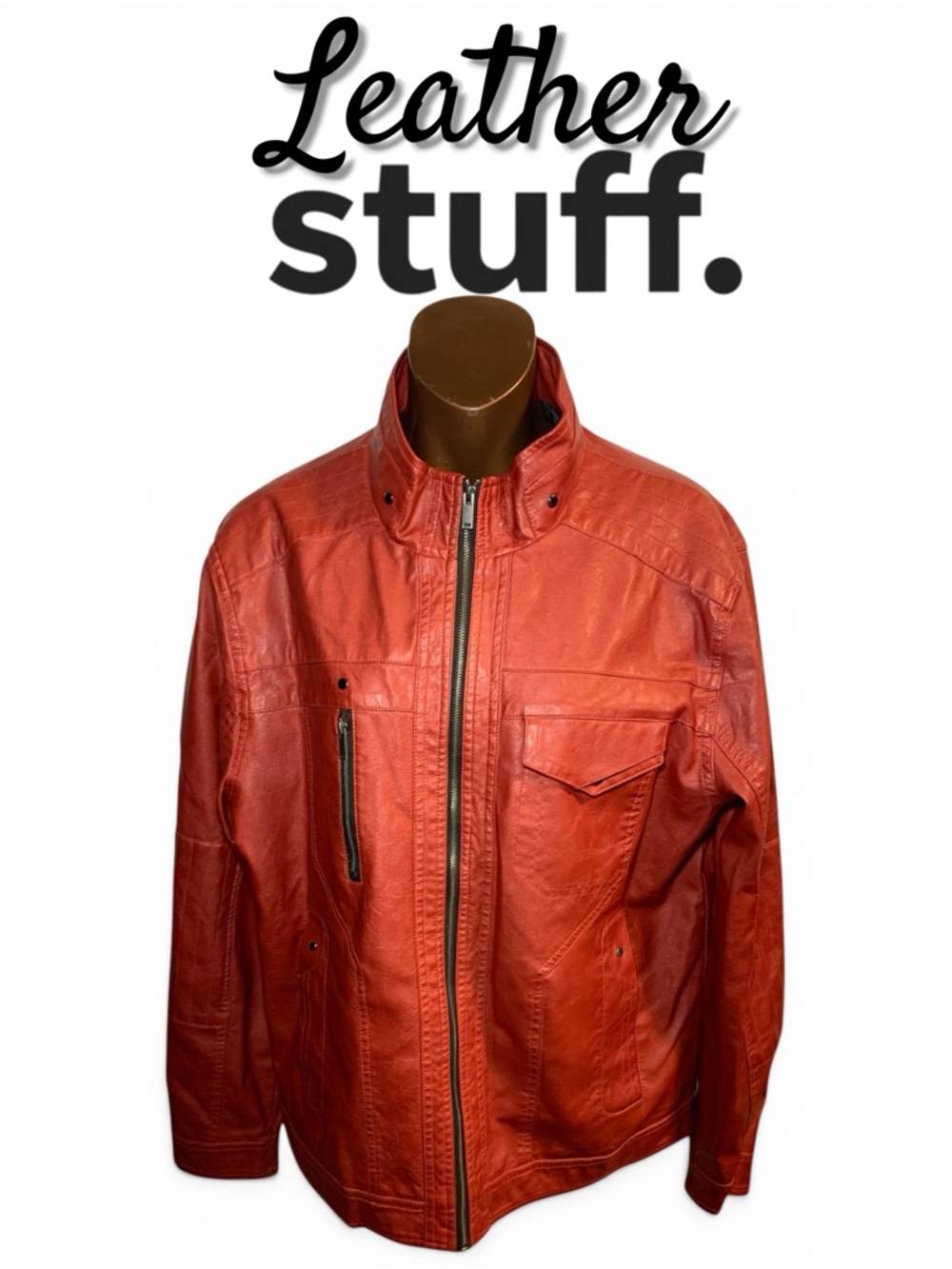 Authorized Red Men's Vegan Leather Jacket - Stand Collar Zip Front (d10024)